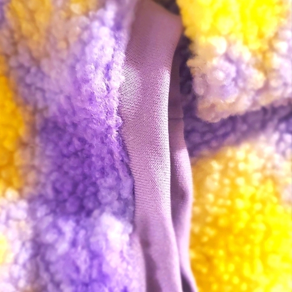 SHEIN TEDDY JACKET TIE-DYE ZIP-UP FUZZY MULTICOLOR PURPLE YELLOW WOMENS SIZE 6 - Picture 6 of 8